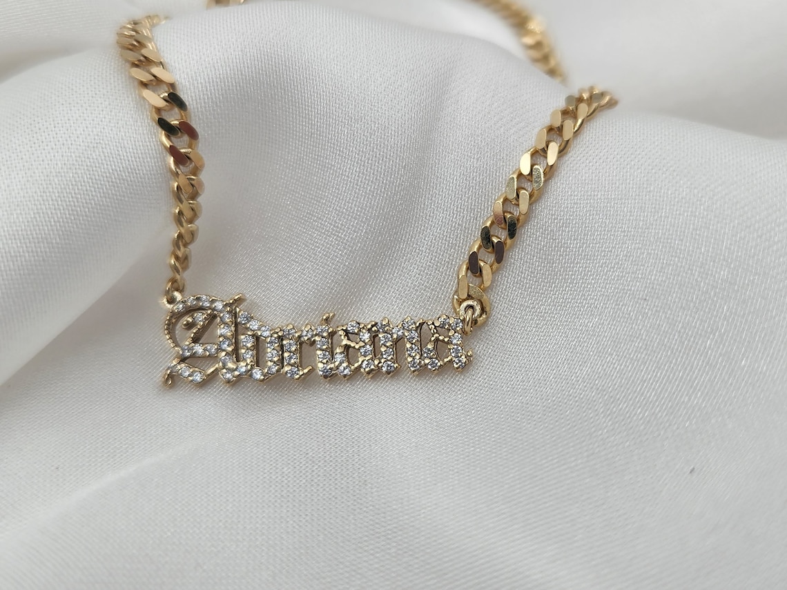 14k Solid Gold Diamond Name Necklace Old English Name Etsy