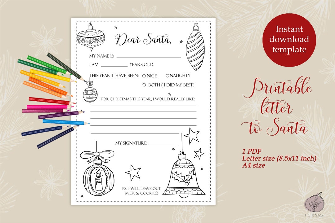 Official Letter to Santa Coloring Page Printable Dear Santa - Etsy