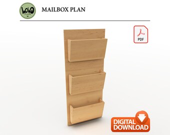 May include: Digital download plan for building a wooden wall-mounted mailbox with three compartments. The plan is in PDF format.