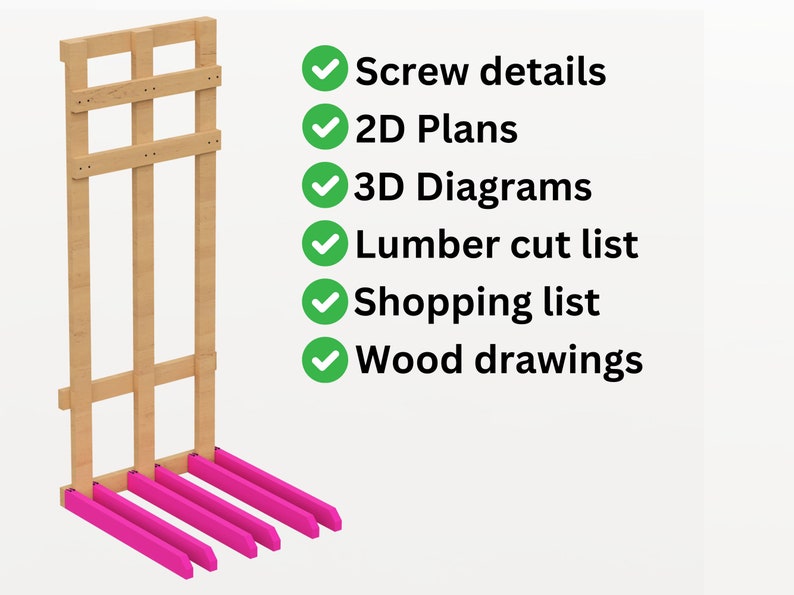 May include: A wooden frame with a grid pattern and pink supports. The image includes a checklist with the following items: Screw details, 2D Plans, 3D Diagrams, Lumber cut list, Shopping list, Wood drawings.