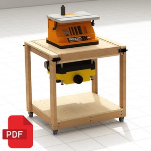 May include: A wooden table with wheels, designed to support a yellow and black Ridgid brand table saw. The table has two shelves and is made of unfinished wood.
