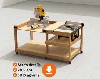 Garage Saw Workbench Plans -Table Saw Mobile Workbench |  Flip Top Miter Saw Table Build Plan | PDF Download