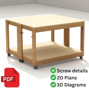 May include: A wooden workbench with a top shelf and a lower shelf, both made of plywood. The workbench is on four casters and has a small door on the side. The text "Screw details", "2D Plans", and "3D Diagrams" is visible below the workbench.