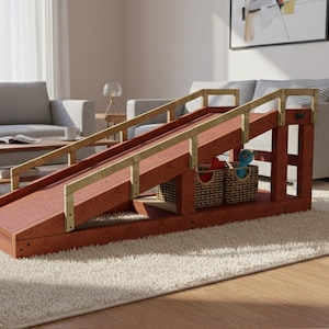 May include: A wooden indoor slide with a reddish-brown surface and light brown railings. Two woven baskets sit beneath the slide, holding toys. The slide is designed for indoor use and is placed on a white rug.