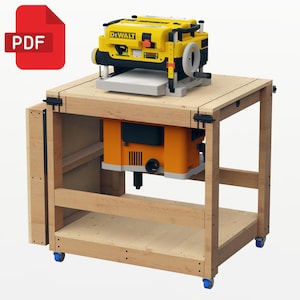 May include: A wooden workbench with wheels and a DEWALT planer on top. The workbench has a shelf underneath and a side panel that folds down.