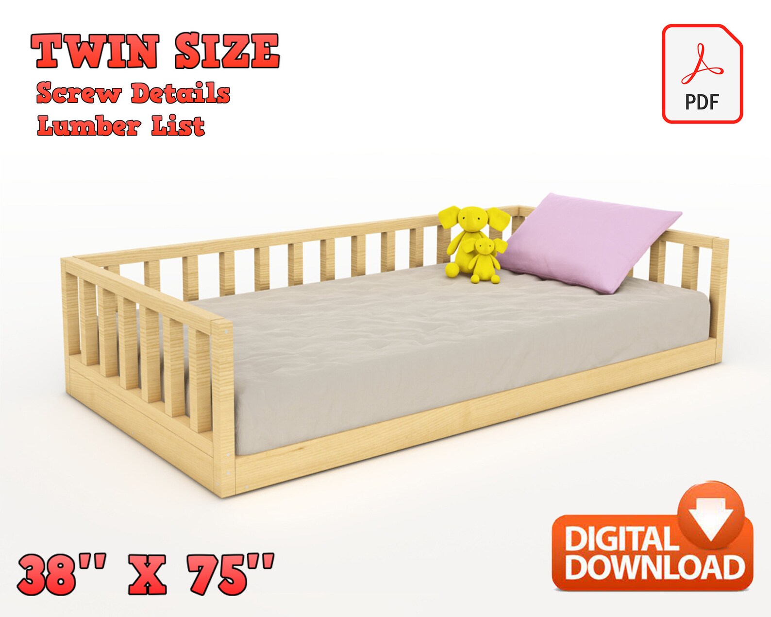 Twin Size Montessori Floor Bed Digital Plan, DIY Montessori Floor Bed