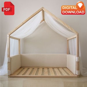 May include: A wooden bed frame with a canopy and a padded headboard. The bed frame is painted white and has a simple design. The canopy is made of white fabric and hangs from the top of the bed frame. The headboard is padded with a white fabric and has a simple design.