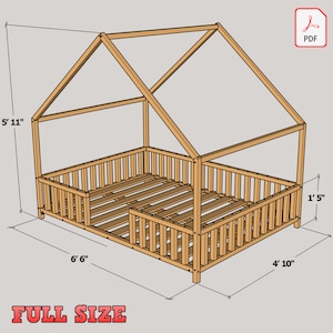 May include: A wooden full-size bed frame with a house-shaped canopy. The bed frame is 6'6" long, 4'10" wide, and 5'11" tall. The bed frame is made of wood and has a slatted design.