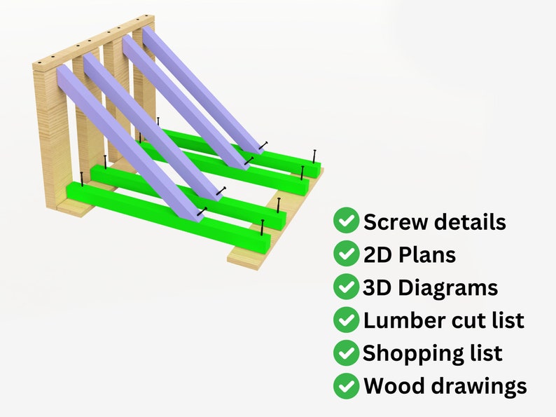 May include: 3D illustration of a wooden structure with purple and green beams. The illustration includes a checklist with the following items: Screw details, 2D Plans, 3D Diagrams, Lumber cut list, Shopping list, Wood drawings.