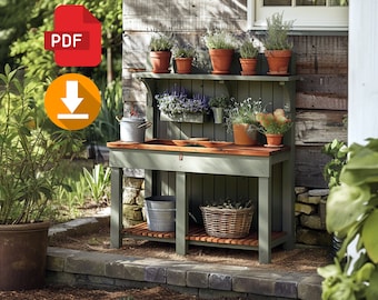 May include: A green wooden potting bench with a shelf and a sink. The bench is surrounded by potted plants and flowers.