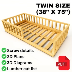 Könnte beinhalten: Ein hölzerner Bettrahmen in Einzelbettgröße mit Lattenrost und Kopfteil. Der Bettrahmen ist 38 Zoll breit und 75 Zoll lang. Die Pläne beinhalten Schraubendetails, 2D-Pläne, 3D-Diagramme und eine Holzschnittliste.