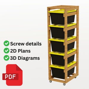 May include: A wooden storage shelf with five black storage bins with yellow lids. The shelf has wheels and is made of natural wood. The shelf is labeled with "Screw details", "2D Plans", and "3D Diagrams" and a PDF icon.