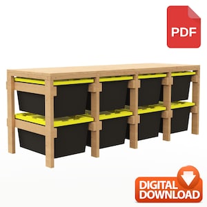May include: A wooden storage unit with six black bins and yellow lids. The unit has a light brown frame and a flat top. The image includes a red PDF icon and an orange "DIGITAL DOWNLOAD" button.