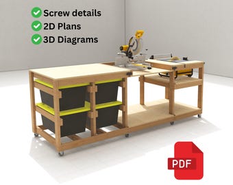 Miter Saw Workbench Plan with Tote Storage Rack Plan - Table Saw Workbench Plan PDF Download