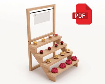 Puede incluir: Un expositor de madera de varios niveles con cinco estantes, perfecto para exhibir productos de panadería. El expositor está hecho de madera natural y tiene un diseño simple y rústico. Cuenta con un soporte para carteles en la parte superior.