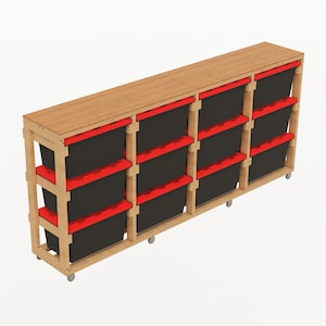 Peut inclure: Unité de rangement en bois avec plusieurs bacs noirs et des accents rouges. L'unité est sur roulettes et possède un dessus brun clair. Les bacs sont disposés en rangées et en colonnes, offrant un grand espace de stockage. Le design est simple et fonctionnel.
