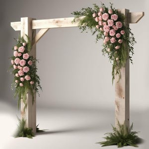 May include: A rustic wooden wedding arch decorated with pink roses and greenery.