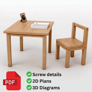 May include: A wooden table and chair set, ideal for a child's room or play area. The table is square with a light wood finish and the chair has a simple design with a back and four legs.