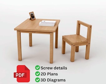 May include: A wooden table and chair set, perfect for a child's room or play area. The table is square with a light wood finish and the chair has a simple design with a back and four legs.