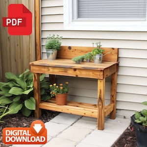May include: A wooden garden work bench with a shelf and a backboard. The bench is stained a dark brown color and has a rustic look. There are several potted plants on the bench and on the shelf. The bench is sitting on a patio with a concrete walkway.