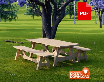 Può includere: Un tavolo da picnic in legno con due panche. Il tavolo e le panche sono in legno naturale e hanno un aspetto rustico. Il tavolo è installato su un prato erboso con alberi sullo sfondo.