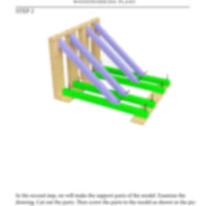 May include: A woodworking plan for a bike rack. The plan shows a wooden frame with three purple and green support beams.