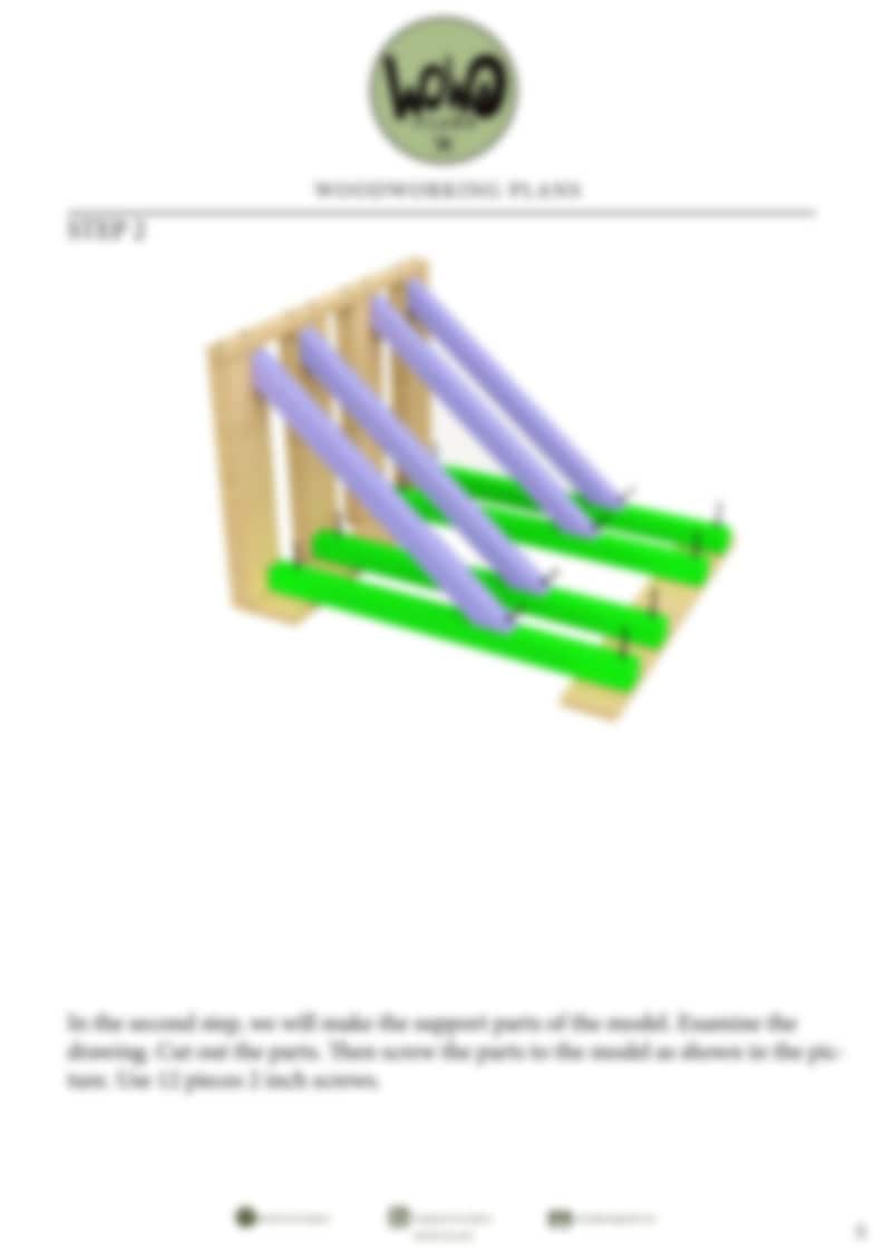 May include: A woodworking plan for a bike rack. The plan shows a wooden frame with three purple and green support beams.