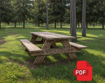 May include: A wooden picnic table with two benches in a grassy area surrounded by trees. The table is made of natural wood and has a rustic look.