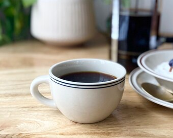 70's Diner Coffee Cups, Cream Colored Navy Striped Cups