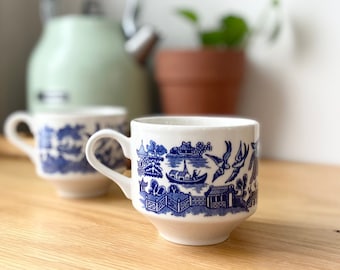 80's Vintage Tea Cups, English Churchill Blue and White Ceramic Willow Cups, Set of Two