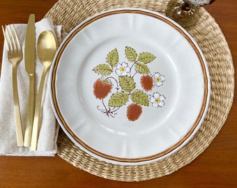 1970s Strawberry Dinner Plates, Vintage Stoneware Americana Hearthside Berries ‘n Cream Dinner Plates, Set of 6, Handpainted in Japan