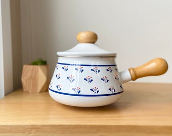 1960's Fondue Pot, Floral Design and Wood Handle by Levco, Unique Vintage Kitchen Gift