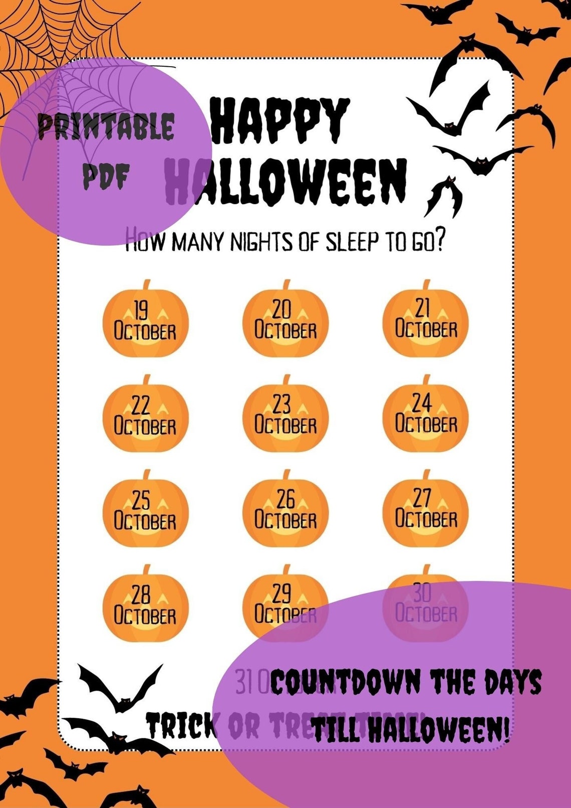 Happy Halloween Countdown Calendar Printable PDF Countdown Until ...