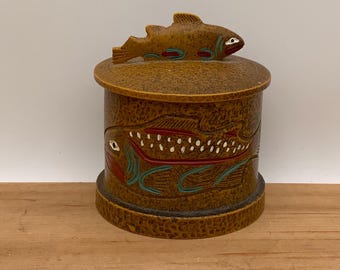 Vintage lidded ceramic container with fish design