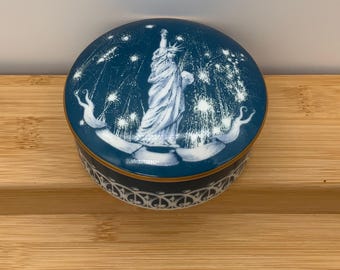 Vintage Tiffany & Co lidded container, Liberty Mutual, statue of Liberty, trinket dish