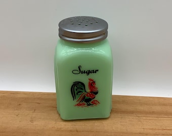 Vintage Mossu green Jadite glass “Sugar” rooster glass shaker