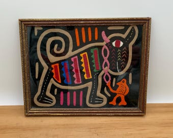 Vintage Native Mola fabric framed art piece