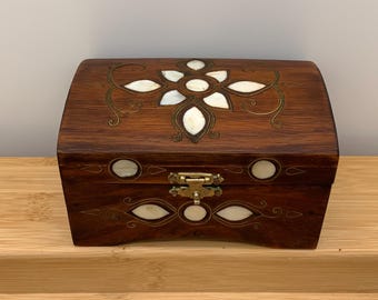 Vintage wooden box with Mother of Pearl and metal inlay, velvety lining
