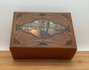 Vintage Wooden Jewelry Box with lake scene on lid