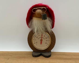 Vintage wooden and felt, German gnome smoking thermometer