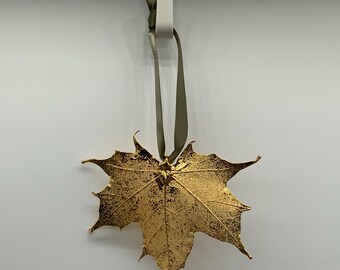 Maple leaf gold colored metallic dipped hanging ornament