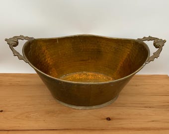 Vintage large, heavy hammered brass bucket with decorative handles, beverage serving