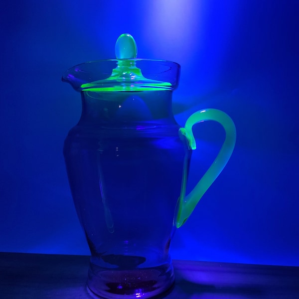 Vintage uranium glass, green glass, Dunbar Watermelon pink Depression glass Pitcher