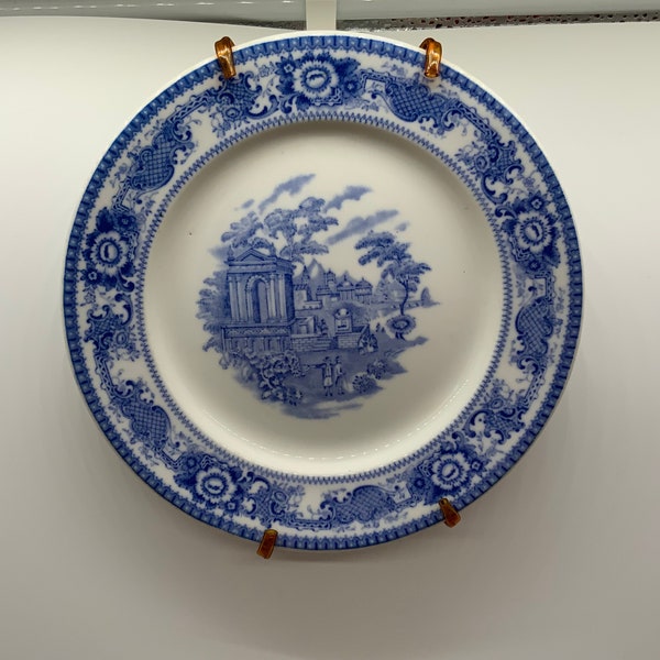 Ceramic blue/white Scammells Trenton China plate, church and people, plate hanger