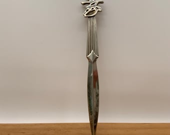 Vintage letter opener with Asian design, silver colored brass