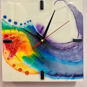 Clock hand painted original wood panel with resin Finnish. Rainbow colors, pride collection.
