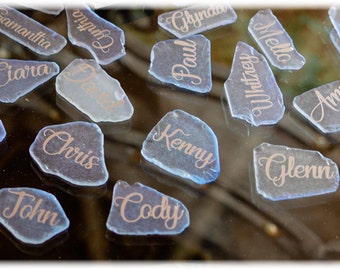 Elegant Tumbled Glass "Sea / Beach Glass" Place Cards for seating / name cards | Wedding, Anniversary, Dinner Party, Party Favor, Memento