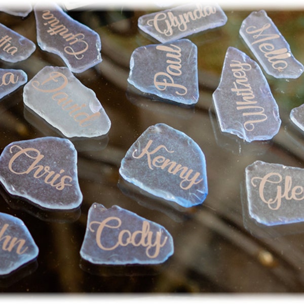 Elegant Tumbled Glass "Sea / Beach Glass" Place Cards for seating / name cards | Wedding, Anniversary, Dinner Party, Party Favor, Memento