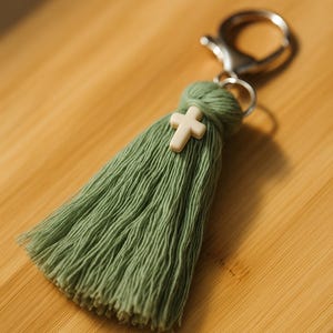 Handmade Macramé Tassel Keychain with Cross Charm
