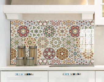 Hexagon Tile Tempered Glass Stove Backsplash: Traditional Kitchen Decor